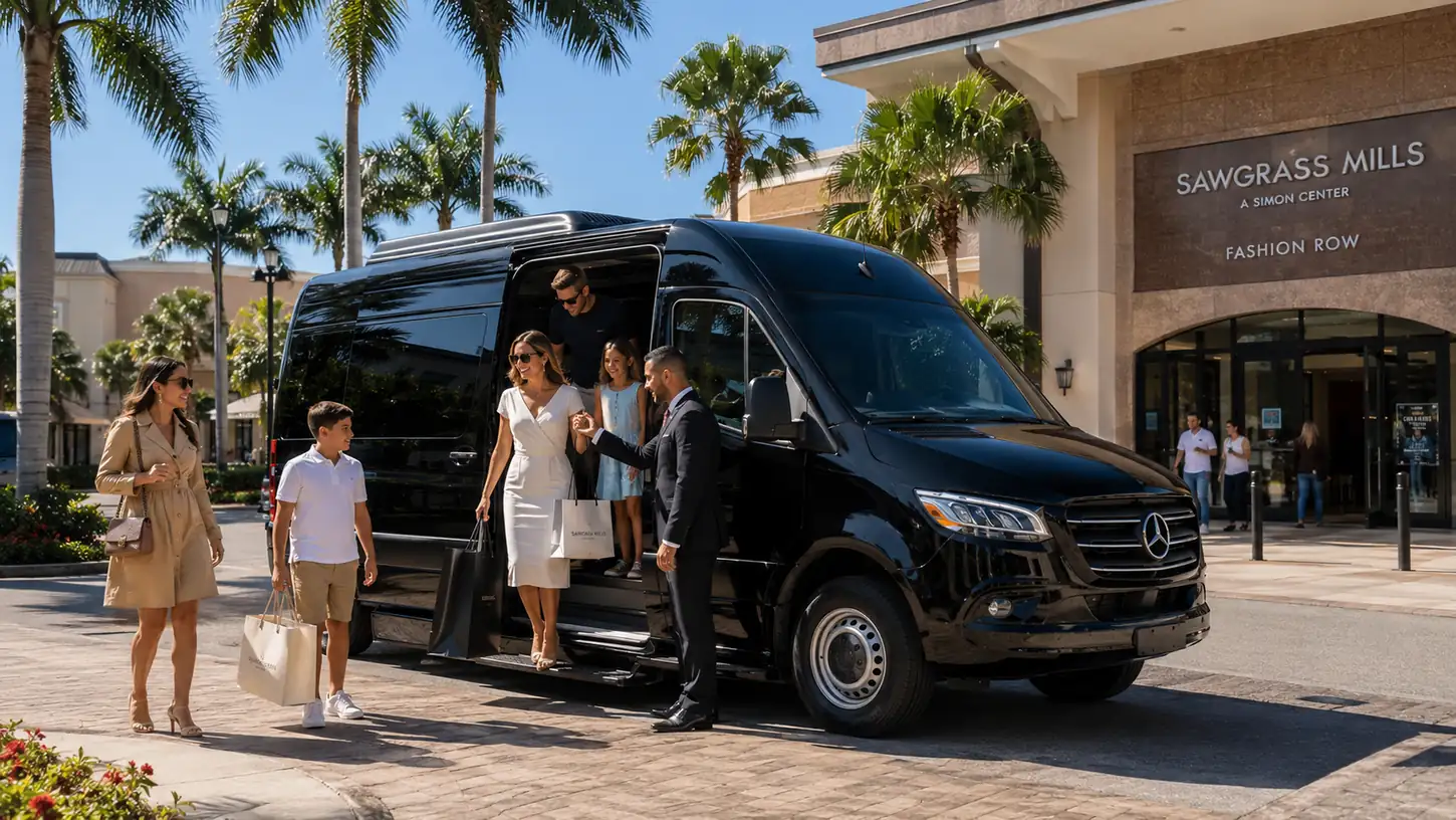 Tourists hopping out of Shuttle to go sawgrass mills shopping